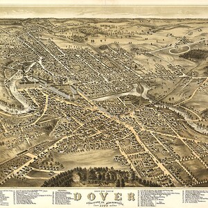 Mappa di Dover, Contea di Stafford, New Hampshire NH 1877. Vista a volo d'uccello. Riproduzione giclée di un'antica parete in stile Home Deco di Restoration Hardware.