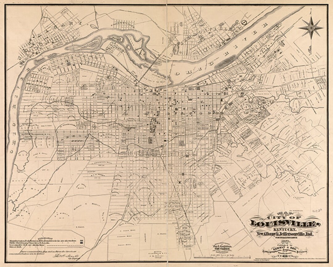 Map of Louisville, Jefferson County, Kentucky 1873. Vintage Restoration