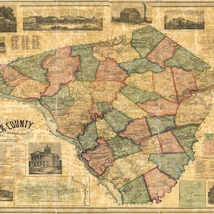 Map of Lancaster County, Pennsylvania, PA 1858. Restoration Hardware Home Deco Style Old Wall Vintage Giclee Reproduction.