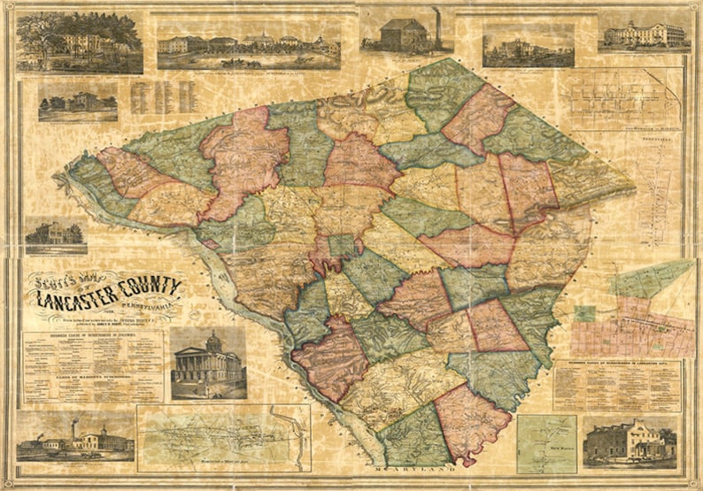 Map of Lancaster County Pennsylvania PA 1858. Restoration Etsy