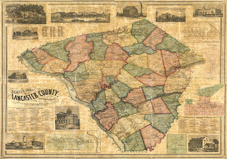 Map of Lancaster County Pennsylvania PA 1858. Restoration Etsy