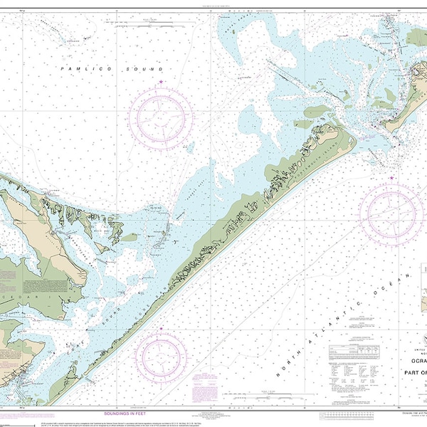 Nautical charts of Ocracoke Inlet and Part of Core sound. Portsmouth Island. Cedar Island. Hodges Reef.  Vintage home Decor reproduction map