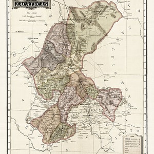 Carte de Zacatecas. Mexique 1886. Quincaillerie de restauration vintage pour la maison, impression de reproduction de carte murale ancienne de style déco.