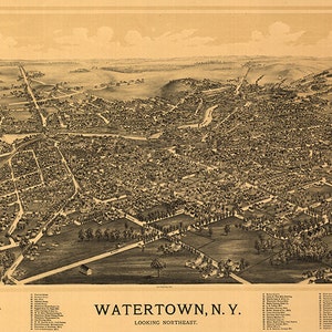 Watertown, Condado de Jefferson, Nueva York, NY: 1891. "Mirando al noreste". Kimball, Burleigh. Reproducción de un mapa vintage a vista de pájaro.
