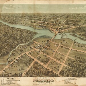 Karte von Peshtigo, Marinette Co, Wisconsin, 1871. Restaurierung Hardware-Home-Deco Stil alte Landkarte. Vintage Reproduktion.