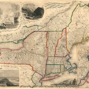 Karte von Neu-England, New-York und Kanada, Eisenbahn, Dampfschiff & Bühnenkarte, 1850. Vintage Karte, Restaurierung Hardware Reproduktion