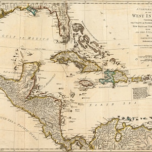 Mapa das Índias Ocidentais. 1776. Restauração vintage de hardware para casa, estilo Deco, reprodução de mapa de parede antigo.