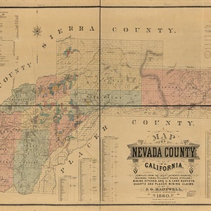 Nevada County Karte, Kalifornien CA 1880.  Vintage Restaurierung Hardware Zu Hause Deco Style alte Wand Reproduktion Karte drucken.