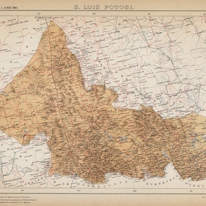 Carte de San Luis Potosi, Mexique 1908. Matériel de restauration vintage pour maison impression de reproduction de carte murale de style déco.