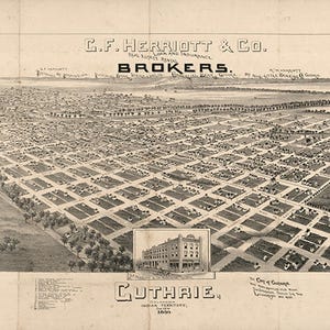 Landkarte von Guthrie, Logan Co., Oklahoma 1890. Vintage Restaurierung Hardware Home Deco Stil alte Wand Reproduktion Karte Druck.