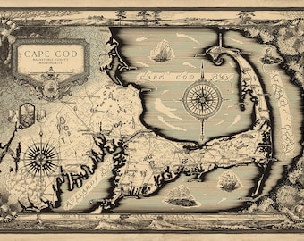 Massachusetts MA Restoration Hardware Home Deco Style Old Wall Vintage Reprint Pictorial Map of Cape Cod Barnstable County