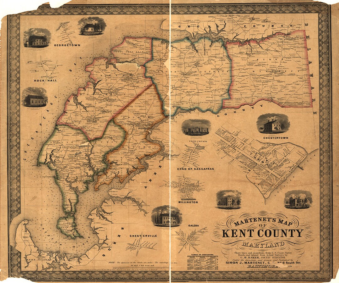 Map of Kent County Maryland. 1860. Vintage home Deco Style Etsy