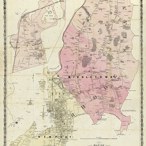 Newport & Nähe, Rhode Island RI, 1870. Einschließlich Portsmouth, Newtown und Mittelstadt.  Tropft, Wards.  Vintage Reproduktion Karte.