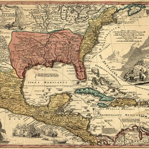 Mapa de Nueva Inglaterra, Carolina, Virginia, Pensilvania y México, 1759. Reproducción vintage.
