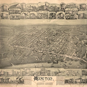 Karte von Moncton, New Brunswick, Kanada im Jahr 1881. Reproduktion Vintage Vogelaugen-Karte.