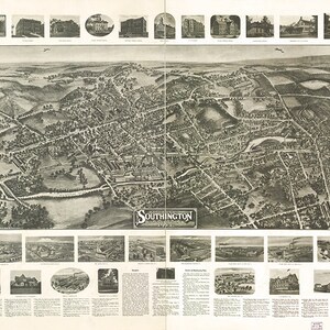 Mapa de Southington, Hartford Co., Connecticut CT 1914. Restauración Hardware Home Deco Style Old Wall Map. Reproducción Vintage.