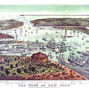 Il porto di New York - Vista dall'alto dalla Batteria, guardando verso sud con la Statua della Libertà 1892. NY0051 Manhattan Riproduzione Stampa Mappa