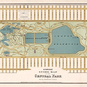 Riproduzione della mappa della guida di Central Park di Hinrichs del 1875. Mappa artistica di riproduzione vintage. Disponibile in più dimensioni.