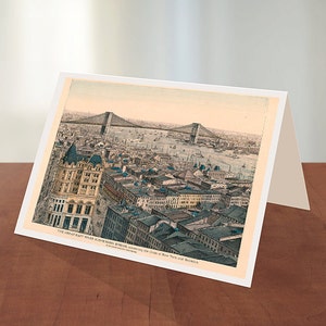 Tarjeta de felicitación con ilustración del Puente de Brooklyn, Nueva York, visto desde Produce Exchange, NY. 1886. Impresión de reproducción vintage.