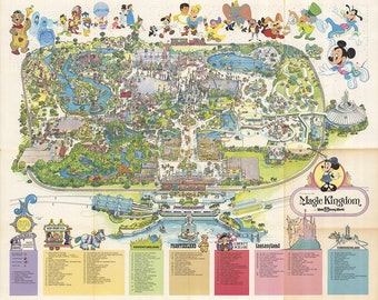 Disneyland Map - Panoramic Birds Eye View Map of Disney land. Vintage home Deco Style old wall reproduction map print.