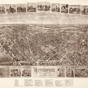 Rutherford, condado de Bergen, Nueva Jersey, NJ 1904. Impresión de reproducción de mapa de pared antiguo de estilo Deco de casa de hardware de restauración vintage.
