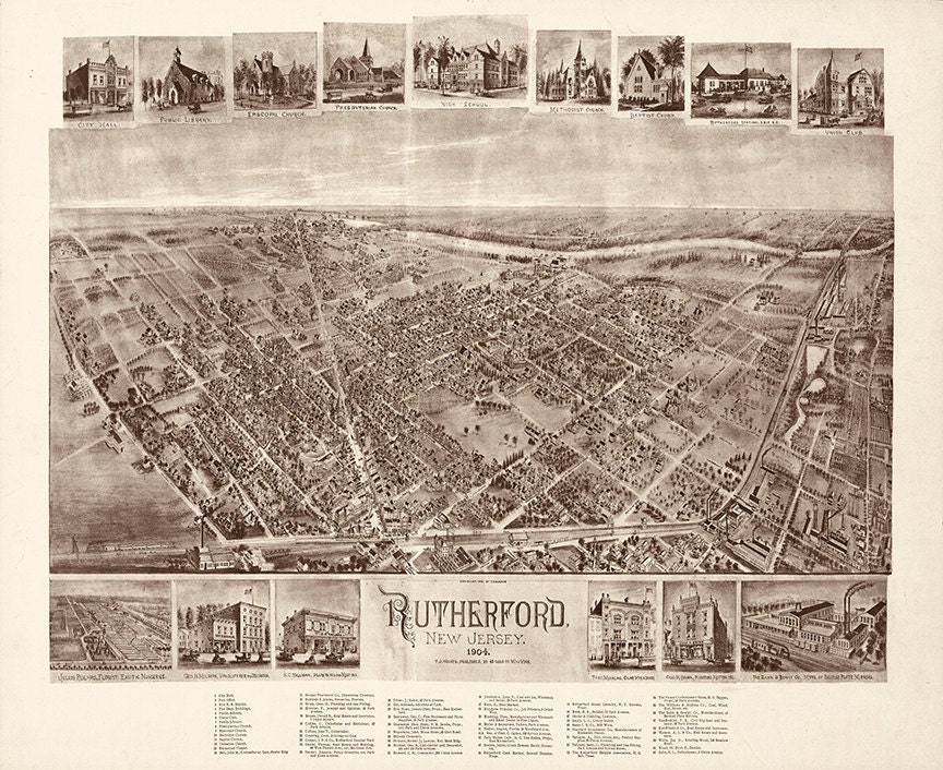 Rutherford, Bergen County, New Jersey NJ 1904.   Vintage restoration hardware home Deco Style old wall reproduction map print.