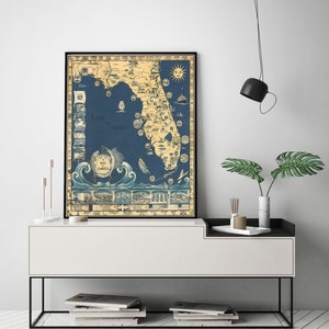 Pictorial Map of Florida FL. Home Deco Style Old Wall Vintage Reprint.
