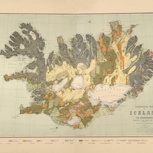 Carte géologique de l'Islande par Thoroddsen - 1901, réimpression vintage de vieux mur de style déco maison de quincaillerie restauration.
