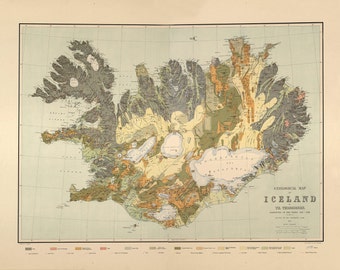 Map of Iceland Geological map by Thoroddsen - 1901, Restoration Hardware Home Deco Style Old Wall Vintage Reprint.