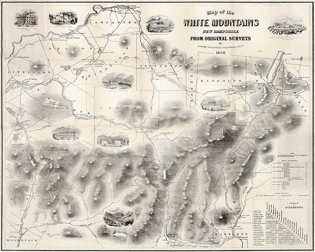 White Mountain National Forest, New Hampshire and Maine, 1864.  Vintage restoration hardware home Deco Style old wall reproduction map print