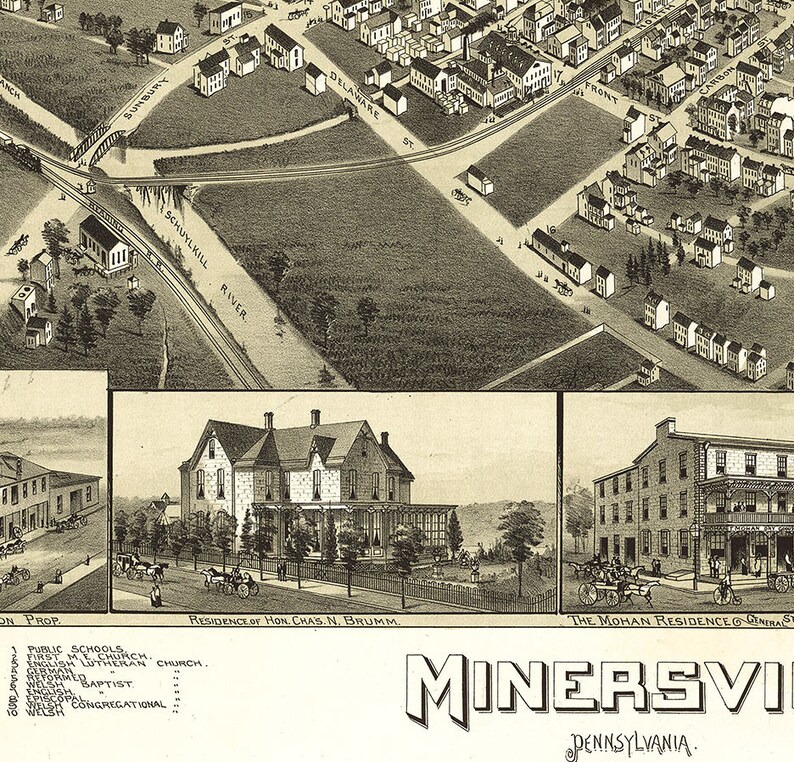 Map of Minersville Schuylkill Co. Pennsylvania PA 1889. Etsy