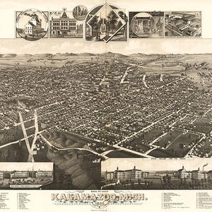 Karte von Kalamazoo, MI, 1883. Vintage Landkarte, Restauration Hardware-home Deco-Stil.