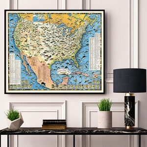 Sportsmen's Angeling Map der USA und ihrer Nachbargewässer.  Vintage Wanddekoration, Reproduktion einer alten Karte.