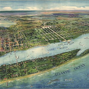 Karte von West Palm Beach, North Palm Beach und Lake Worth, Florida FL, 1915. Vintage Luftbild Panorama Ansicht Reproduktion Karte.