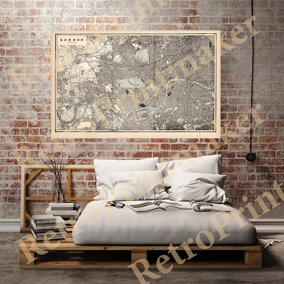 Historic London Map England U.K. 1893.  Restoration Hardware Home Deco Style Old Wall Map. Vintage Reproduction