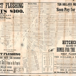 Mappa di West Flushing (Corona), Queens Boro., New York, NY. 1870. Riproduzione di una vecchia mappa murale in stile Deco.