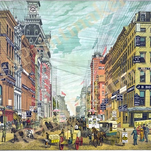 Broadway-Manhattan-Nueva York, 1885. Maiden Lane, década de 1880. Impresión de reproducción de mapa de pared antiguo estilo Deco de hogar de hardware de restauración vintage.