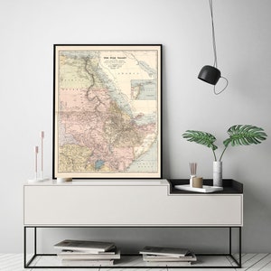 Kaart van de Nijlvallei, inclusief Egypte, Nubië, Oeganda, Abessinië, Brits Oost-Afrika en Somalië.  Vintage Home Deco-reproductiekaart.