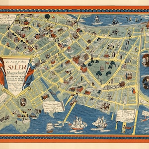 Mapa ilustrado de Salem, Massachusetts. Reimpresión antigua de estilo decorativo para pared.