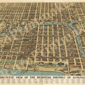 Geschäftsviertel von Chicago, Illinois.  1898. Reproduktion Vintage Landkarte, Landkarte aus der Vogelperspektive.    Erhältlich in verschiedenen Größen.