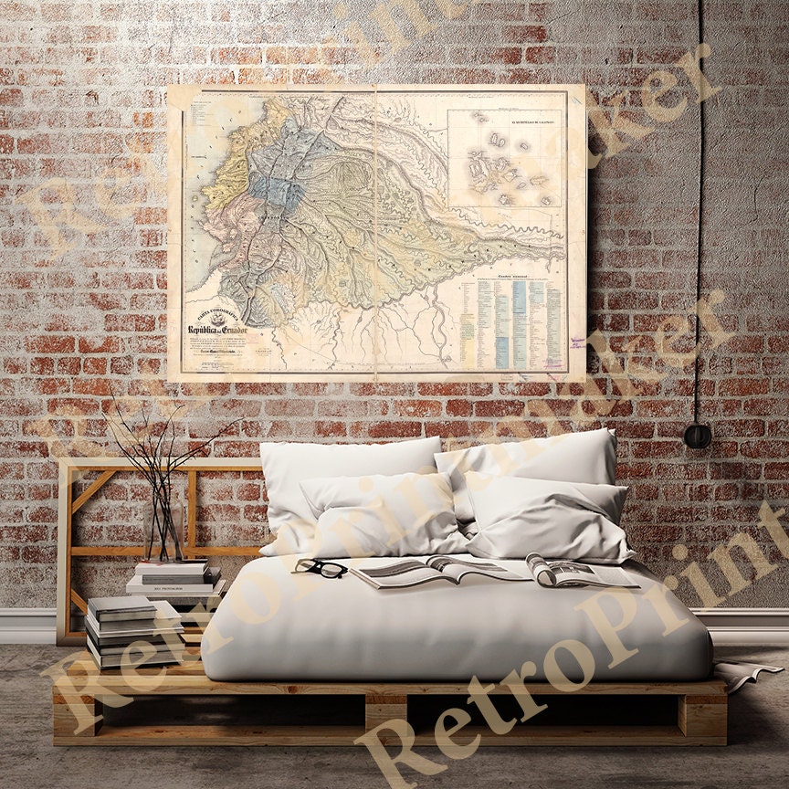 Map of Ecuador 1858. Vintage Restoration Hardware Home Deco Style