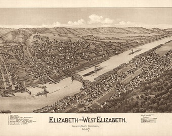 Elizabeth and West Elizabeth, Allegheny County, Pennsylvania (PA) 1897 Aerial Views Reproduction Historical Map Print