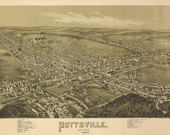 Map of Pottsville, Schuylkill County, Pennsylvania Pa. 1889. Vintage restoration hardware home Deco Style old wall reproduction map print.