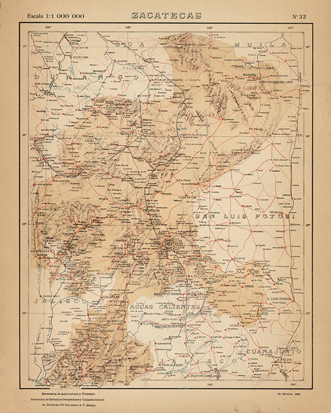 Map of Zacatecas, Mexico, 1922. Vintage Restoration Hardware