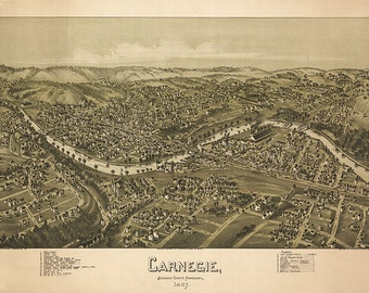 Map of Carnegie, Allegheny County, Pennsylvania Pa. 1897. Vintage restoration hardware home Deco Style old wall reproduction map print.