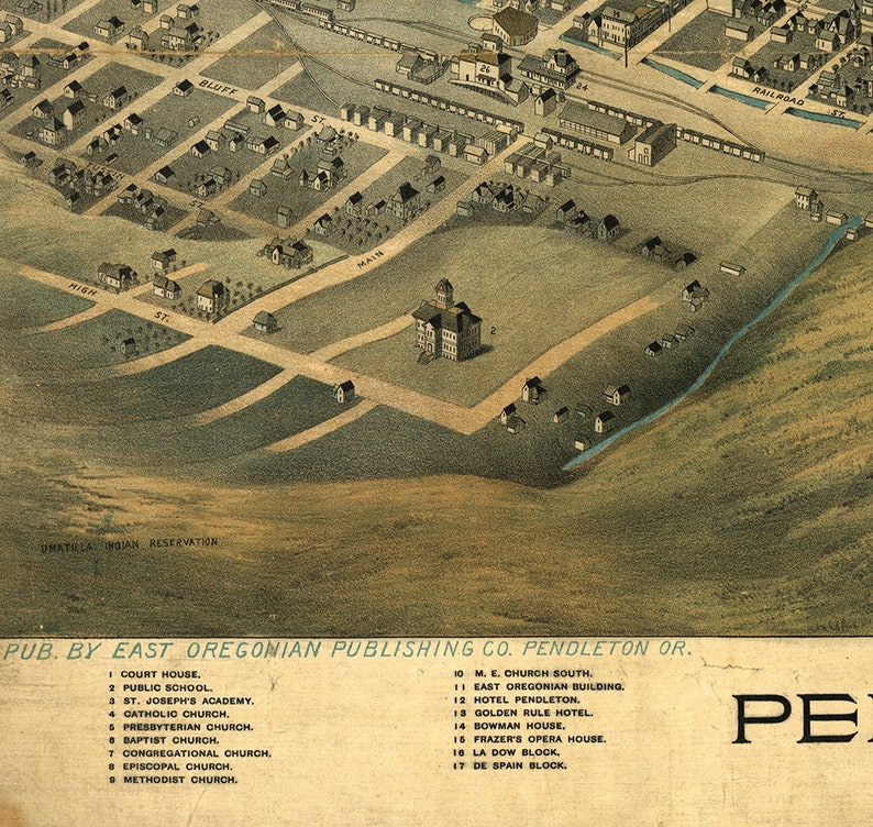 Map of Pendleton Umatilla Co. Oregon 1890. Restoration Etsy