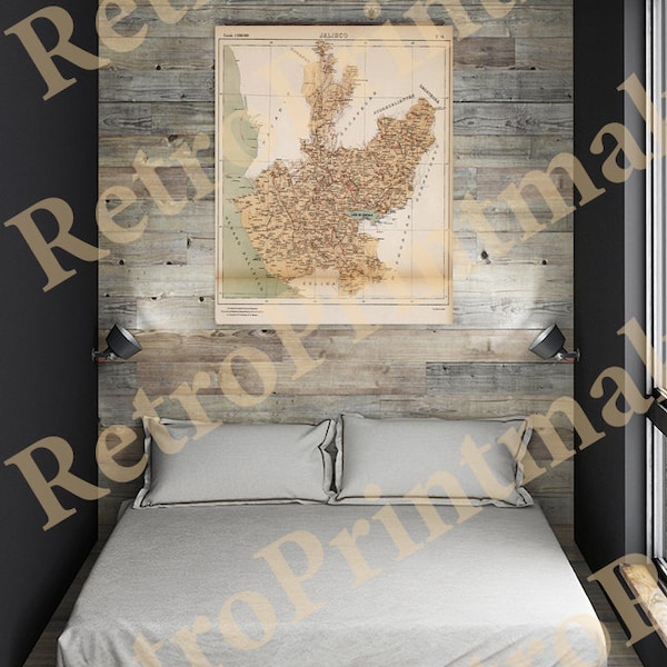 Map of Jalisco, Mexico, 1908.  Vintage restoration hardware home Deco Style old wall reproduction map print.