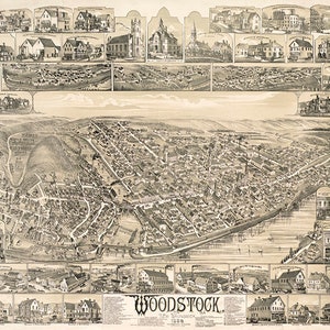 Karte von Woodstock, New Brunswick, Kanada im Jahr 1889. Reproduktion Vintage Vogelaugen-Karte.