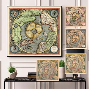 May include: A collection of five framed antique-style circular maps of the Arctic region. The maps feature detailed cartography with muted tones of green, yellow, and blue, surrounded by ornate decorative borders and Latin text labels.