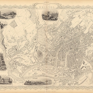 Kaart van Bristol en Clifton, Engeland, Verenigd Koninkrijk, 1851. Restauratiebeslag oude muurkaart in huisdecoratiestijl. Vintage reproductie